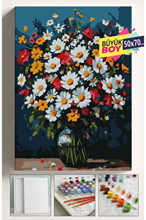 Sayılarla Boyama Seti Numaralı Tuval Fırça Boya Dahil Kasnaklı Set 50x70 Cm - RENKLİ PAPATYA DEMETİ