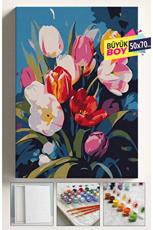 Sayılarla Boyama Seti Numaralı Tuval Fırça Boya Dahil Kasnaklı Set 50x70 Cm - SADE LALELER