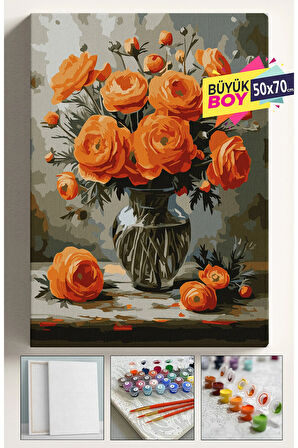 Sayılarla Boyama Seti Numaralı Tuval Fırça Boya Dahil Kasnaklı Set 50x70 Cm - TURUNCU GÜLLER