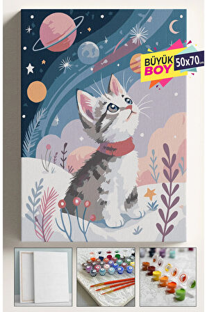Sayılarla Boyama Seti Numaralı Tuval Fırça Boya Dahil Kasnaklı Set 50x70 Cm - UZAY VE KEDİ