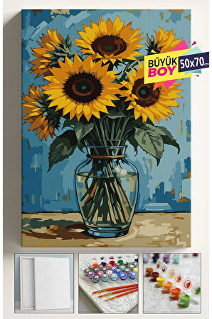 Sayılarla Boyama Seti Numaralı Tuval Fırça Boya Dahil Kasnaklı Set 50x70 Cm - VAZODA AYÇİÇEĞİ