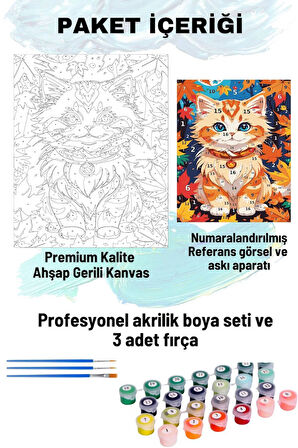 Sayılarla Boyama Seti Numaralı Tuval Fırça Boya Dahil Kasnaklı Set 50x70 Cm - YAPRAKLI KEDİ