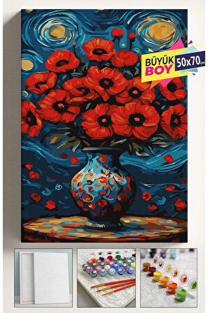 Sayılarla Boyama Seti Numaralı Tuval Fırça Boya Dahil Kasnaklı Set 50x70 Cm - YILDIZLI GECE GELİNCİK