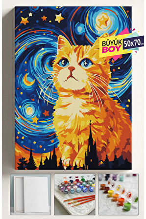 Sayılarla Boyama Seti Numaralı Tuval Fırça Boya Dahil Kasnaklı Set 50x70 Cm - YILDIZLI TURUNCU KEDİ