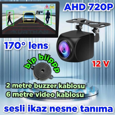 BUZZER AHD 720P NESNE TANIMA SESLİ İKAZ PARK KAMERASI 170 DERCE LENS  1 MP 12 VOLT