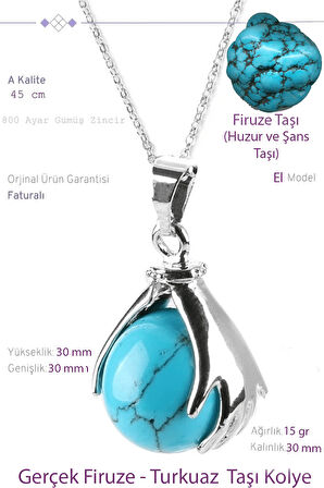 Sertifikalı El Pençe Model Gerçek Firuze (Turkuaz) Taşı Kolye