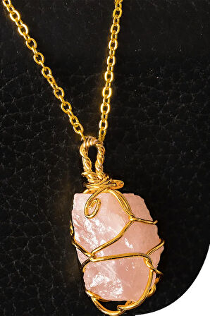 Sertifikalı Gold Tel Sargılı Ham Pembe Kuvars Taşı Kolye