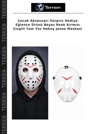 Çocuk Aksesuarı Sürpriz Hediye Eğlence Ürünü Beyaz Renk Kırmızı Çizgili Tam Yüz Hokey Jason Maskesi