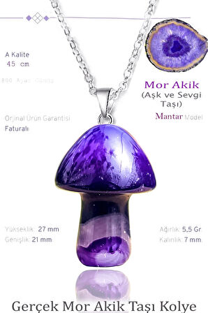 Sertifikalı Mantar Model Mor Akik Taşı Kolye - Gümüş Aparatlı