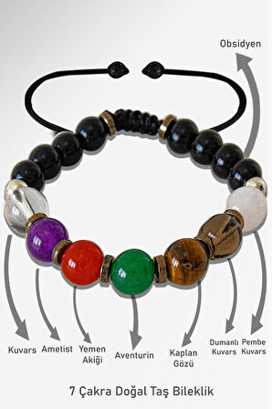 Sertifikalı Yemen Akik Kaplan Gözü Aventurin Kuvars Ametist 7 Çakra Bileklik