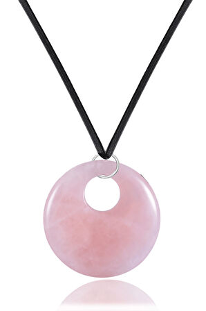 Sertifikalı Deri İpli Doğal Pembe Kuvars Taşı Kolye