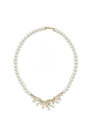 925 Ayar Gümüş 7 mm Zirkon Taşlı Doğal İnci Kolye BVRTD000051