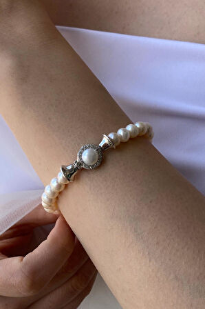 925 Ayar Gümüş Kadın Zirkon Taşlı Doğal İnci Bileklik