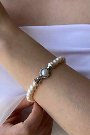 925 Ayar Gümüş Kadın Zirkon Taşlı Doğal İnci Bileklik