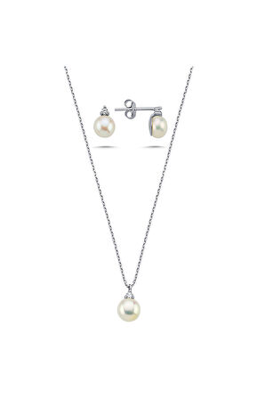 14 Ayar Altın 8 mm Doğal İnci 0,12 Ct Pırlantalı Küpe Kolye İkili Set