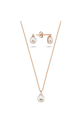 14 Ayar Altın 8 mm Doğal İnci 0,12 Ct Pırlantalı Küpe Kolye İkili Set