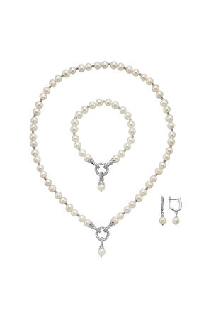 925 Ayar Gümüş Zirkon Taşlı Halka Kilitli Dorikalı Doğal İnci Küpe Kolye Bileklik Üçlü Set