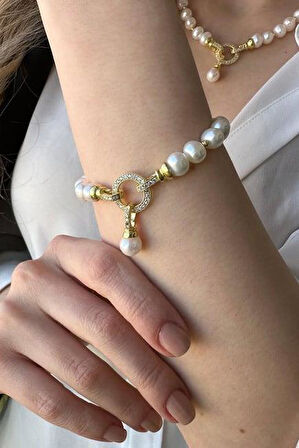 925 Ayar Gümüş Zirkon Taşlı Halka Kilitli Dorikalı Doğal İnci Küpe Kolye Bileklik Üçlü Set