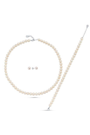 925 Ayar Gümüş 8 mm Doğal İnci Sıralı Kolye Bileklik Küpe Üçlü Set