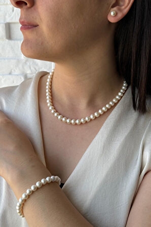 925 Ayar Gümüş 8 mm Doğal İnci Sıralı Kolye Bileklik Küpe Üçlü Set