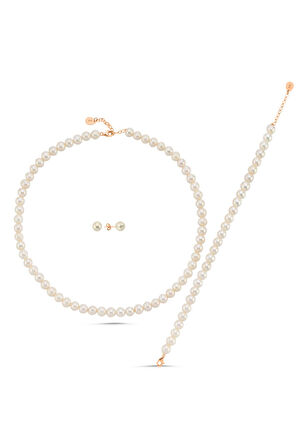 925 Ayar Gümüş 8 mm Doğal İnci Sıralı Kolye Bileklik Küpe Üçlü Set