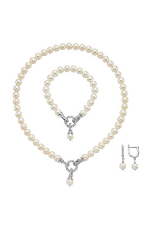 925 Ayar Gümüş 8 mm Halka Kilitli Doğal İnci Küpe Kolye Bileklik Üçlü Set