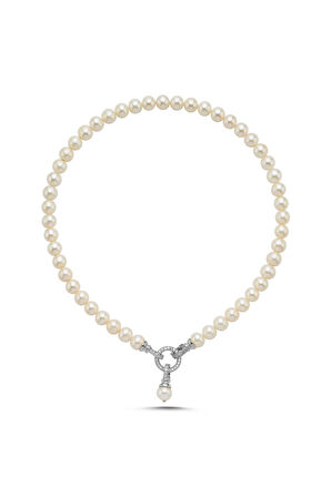 925 Ayar Gümüş 8 mm Halka Kilitli Doğal İnci Kolye BVRTST05813