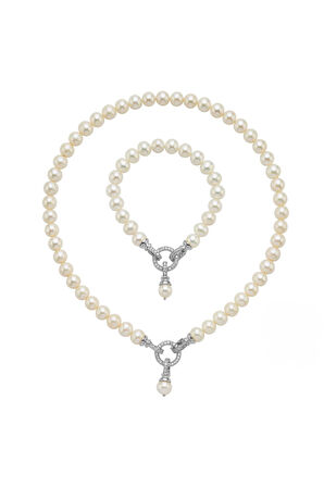 925 Ayar Gümüş 8 mm Halka Kilitli Doğal İnci Kolye Bileklik İkili Set