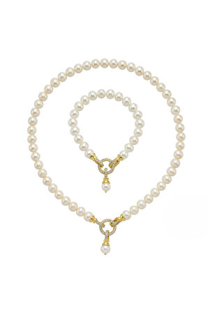 925 Ayar Gümüş 8 mm Halka Kilitli Doğal İnci Kolye Bileklik İkili Set