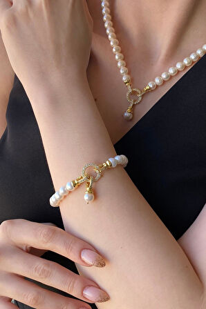 925 Ayar Gümüş 8 mm Halka Kilitli Doğal İnci Kolye Bileklik İkili Set