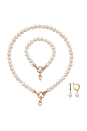 925 Ayar Gümüş 8 mm Halka Kilitli Doğal İnci Küpe Kolye Bileklik Üçlü Set