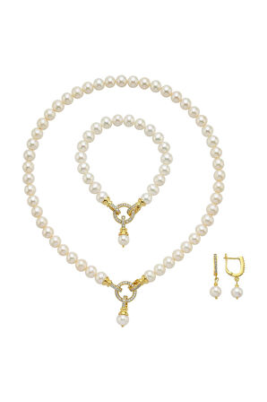 925 Ayar Gümüş 8 mm Halka Kilitli Doğal İnci Küpe Kolye Bileklik Üçlü Set