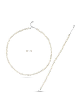925 Ayar Gümüş 4 mm Doğal İnci Sıralı Kolye Bileklik Küpe Üçlü Set BVRTST05983ST14100ST09354