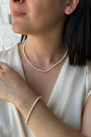 925 Ayar Gümüş 4 mm Doğal İnci Sıralı Kolye Bileklik Küpe Üçlü Set BVRTST05983ST14100ST09354