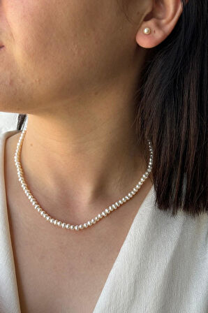 925 Ayar Gümüş 4 mm Doğal İnci Sıralı Kolye Bileklik Küpe Üçlü Set BVRTST05983ST14100ST09354