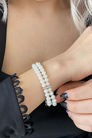 925 Ayar Gümüş 6 mm Çift Sıra Doğal İnci Bileklik