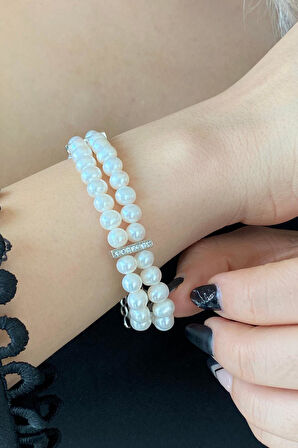 925 Ayar Gümüş 6 mm Çift Sıra Doğal İnci Bileklik