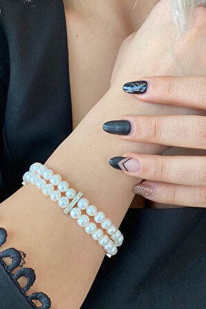 925 Ayar Gümüş 6 mm Çift Sıra Doğal İnci Bileklik