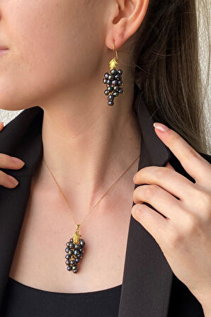 925 Ayar Gümüş Üzüm Salkımlı Doğal İnci Küpe Kolye İkili Set