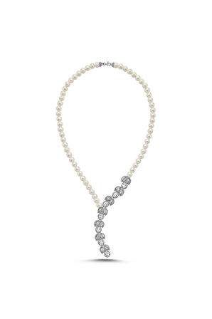 925 Ayar Gümüş 10 mm Zirkon Taşlı Doğal İnci Kolye