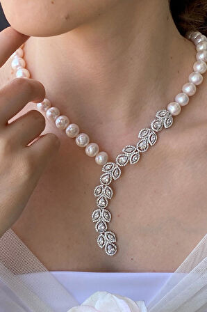 925 Ayar Gümüş 10 mm Zirkon Taşlı Doğal İnci Kolye