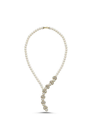 925 Ayar Gümüş 10 mm Zirkon Taşlı Doğal İnci Kolye