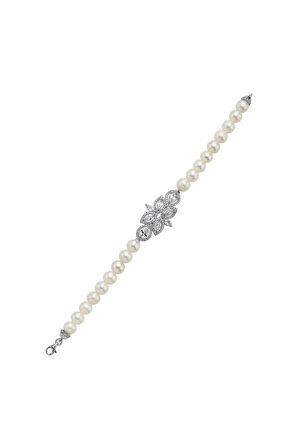 925 Ayar Gümüş Yaprak Tasarımlı Zirkon Taşlı Doğal İnci Bileklik