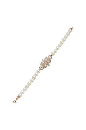 925 Ayar Gümüş Yaprak Tasarımlı Zirkon Taşlı Doğal İnci Bileklik