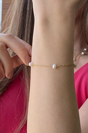 925 Ayar Gümüş Zincir Doğal İnci Kadın Bileklik