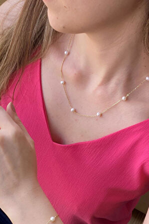 925 Ayar Gümüş 5 mm Zincirli Doğal İncili Kolye