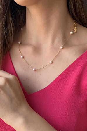 925 Ayar Gümüş 5 mm Zincirli Doğal İncili Kolye