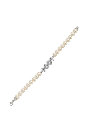 925 Ayar Gümüş Çiçek Tasarımlı Zirkon Taşlı Doğal İnci Kadın Bileklik