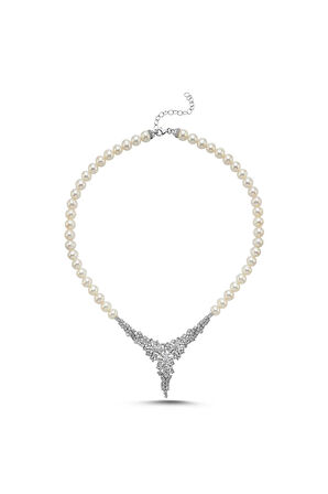 925 Ayar Gümüş 8 mm Zirkon Taşlı Doğal İnci Kolye