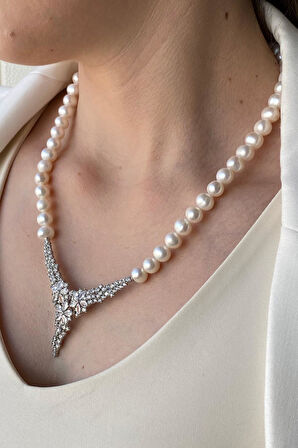 925 Ayar Gümüş 8 mm Zirkon Taşlı Doğal İnci Kolye